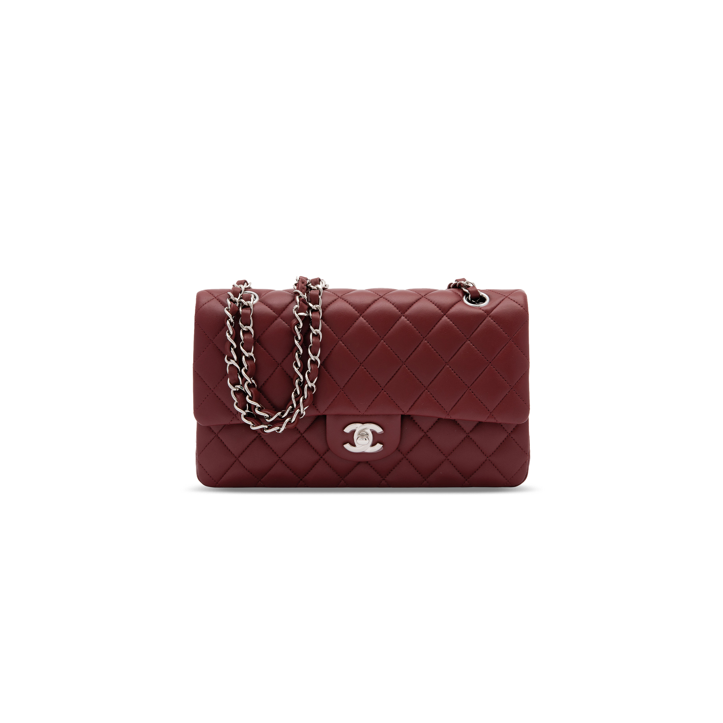 Ch*el master medium classic flap bag with silver hardware burgundy a01112 (25*16*8cm)